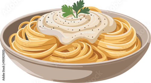 Delicious pasta alfredo in a bowl food vector on white background.