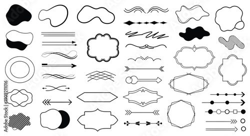 Hand Drawn Speech Bubbles, Frames and Decorative Dividers Set in Black and White Style