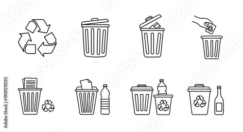 Recycling icons set with trash cans and bottles