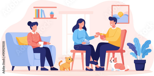 A cozy gathering with friends and pets, enjoying hot beverages