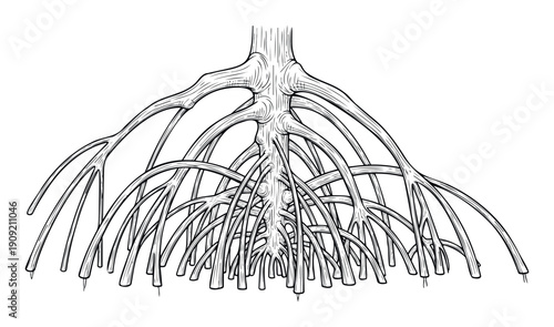 Detailed line drawing of intricate mangrove prop roots forming a complex network, perfect for botanical studies, environmental education, and ecological science topics or graphic usage