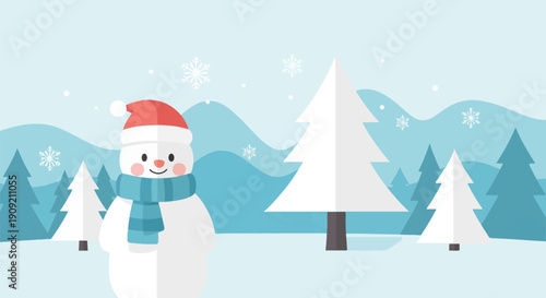 A cheerful snowman in a snowy forest with falling snowflakes and winter trees