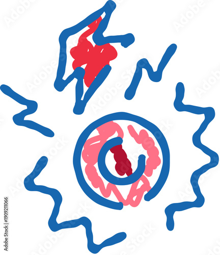 Eye graphic with swirling red and pink tones surrounded by a blue outline and radiating jagged lightning bolts, symbolizing intense power, focus, and dynamic energy