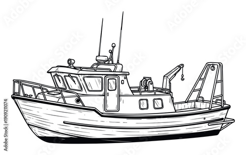 Black and white line drawing of a commercial fishing boat with a cabin and gantry, perfect for maritime industry presentations or seafood business branding materials.