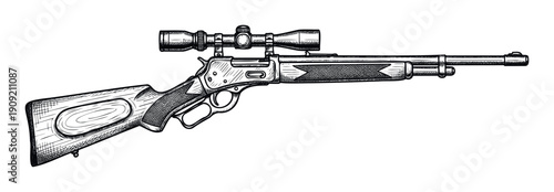 Detailed ink drawing of a classic lever action rifle equipped with a hunting scope, suitable for outdoor sport advertisements or historical firearm educational materials.