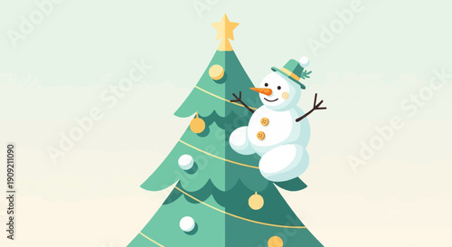 A cheerful snowman with a hat sits on a decorated Christmas tree