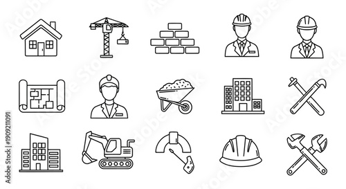 Construction icons set with building elements and workers
