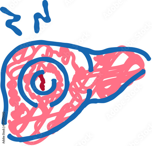Liver organ experiencing pain from a tumor or disease, depicted with a red irregular spot and concentric blue circles indicating the affected area, symbolizing medical conditions and discomfort