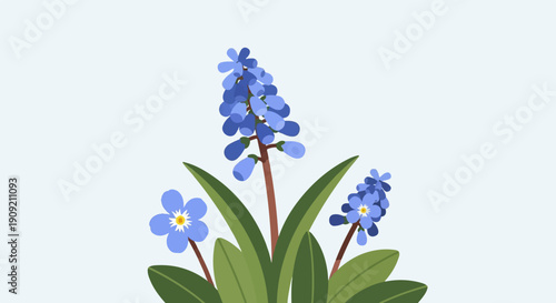 A cluster of blue hyacinth and forget-me-not flowers with green leaves