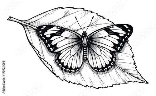 Detailed black and white drawing of a butterfly with open wings perched on a fresh leaf, perfect for natural history educational content and botanical study guides