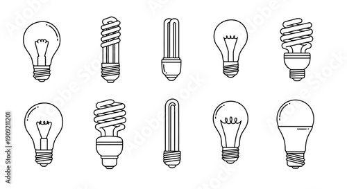 Set of various energy efficient light bulbs icons