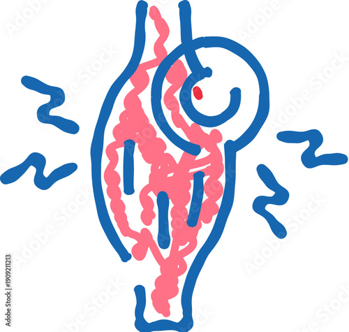 Knee joint showing internal pain and inflammation, represented by a circle with a red dot on the side and surrounding zig zag lines, indicating discomfort and medical issues