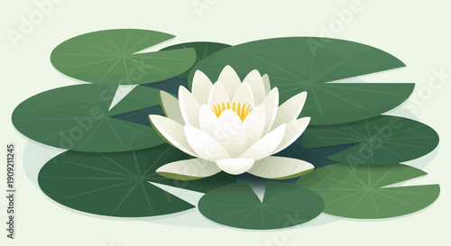 A detailed flat illustration of a white water lily floating among its green lily pads