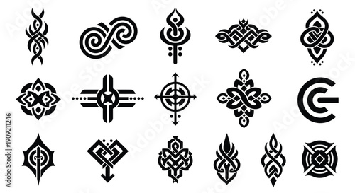 Adobe IllustratoTribal and Ethnic Decorative Symbols Collection in Black and White Vector Styler Artwork
