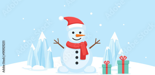 A cheerful snowman with a red hat and scarf stands between two gifts