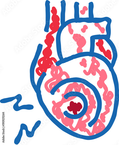 Human heart outline with internal red specks and wavy rhythm lines representing inflammation, impaired blood flow or irregular heartbeat, cardiac pain and medical condition