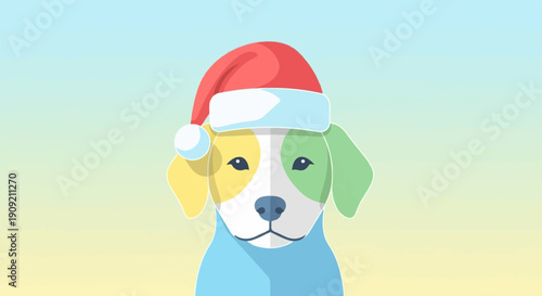 A cartoon dog wears a festive Santa hat against a soft sky backdrop
