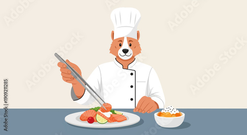 A cartoon dog chef in uniform prepares a plate of salmon and a bowl of fruit
