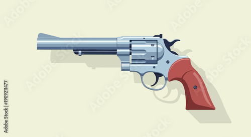 A detailed illustration of a vintage-style revolver with a silver cylinder and red wooden grips