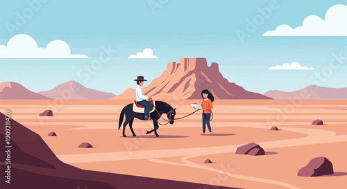 A cowboy on horseback in a desert landscape with a woman offering a map