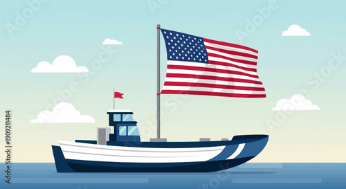 A boat with a large American flag sails on calm, blue waters under a cloudy sky