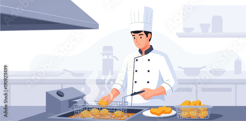 A chef is deep frying food in a professional kitchen environment