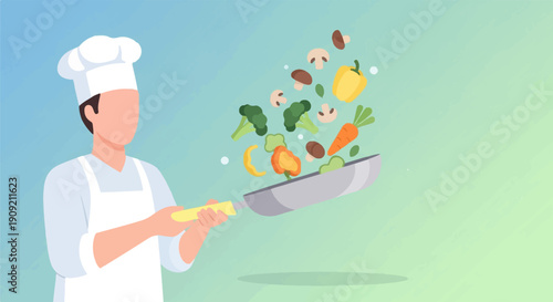 A chef tosses colorful vegetables in a pan