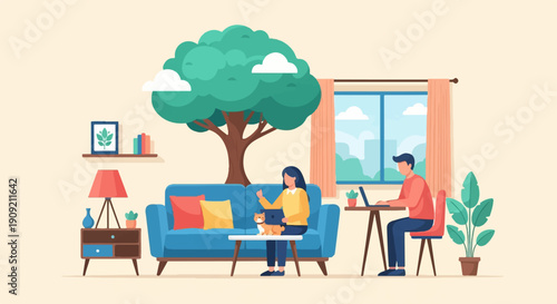 A couple works on laptops with their pet cat indoors, near a window