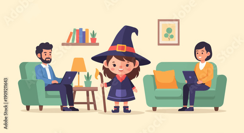 A child in a witch costume stands between two adults working on laptops