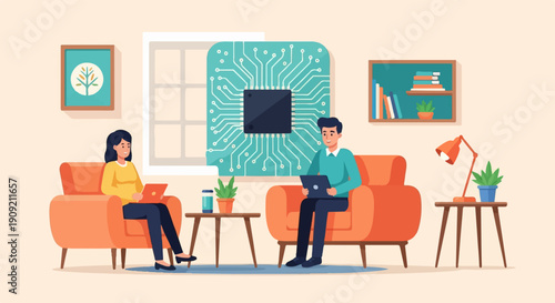 A couple working on laptops in a minimalist living room with tech art