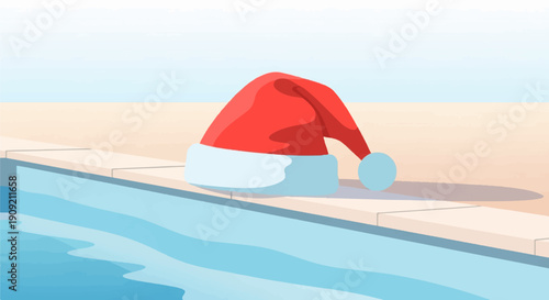 A festive Santa hat rests by a sparkling blue swimming pool under a clear sky