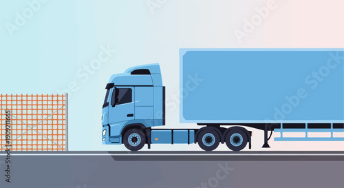 A blue semi-truck with a trailer travels past orange safety netting