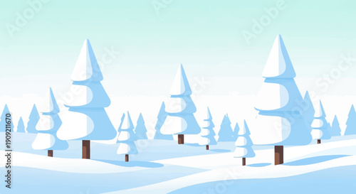 A digital landscape of snow-covered evergreen trees under a pale sky