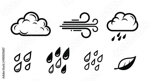 Simple Weather Icons Set with Clouds, Wind, Rain and Leaf in Black and White Line Style