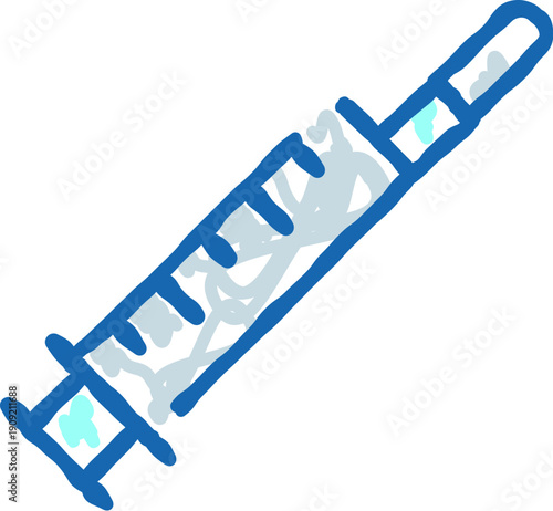 Syringe with fluid bubbles inside preparing a dose for medical vaccine injection, presented as a hand drawn sketch icon for various healthcare and pharmaceutical concepts