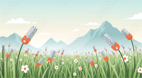 A field of grass with peculiar flora and misty mountains under a soft sky