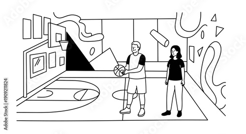 Young man and woman in modern basketball court illustration