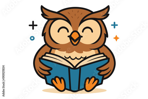 A cheerful owl happily engrossed in reading a book under a starry ambiance