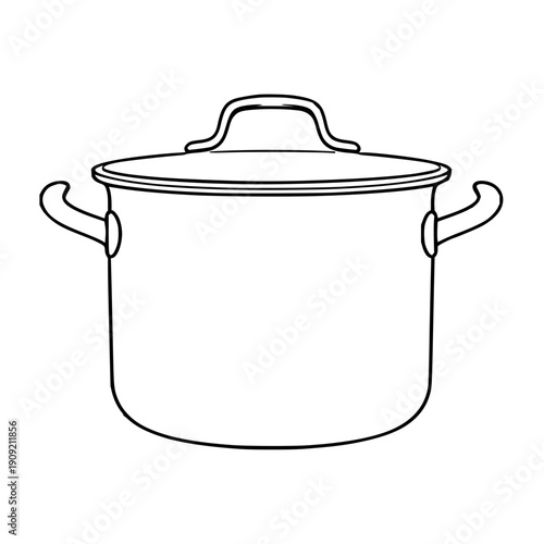 Large stockpot with handles, black line art illustration, isolated vector graphic for kitchen and cooking design projects, ideal for branding
