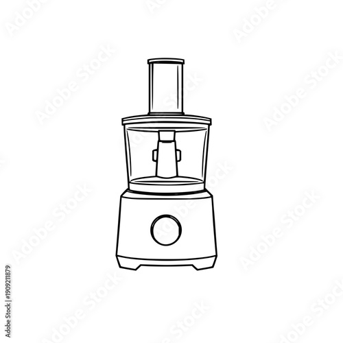 Black line art illustration of a countertop food processor appliance, clean outline design perfect for modern kitchen design concepts