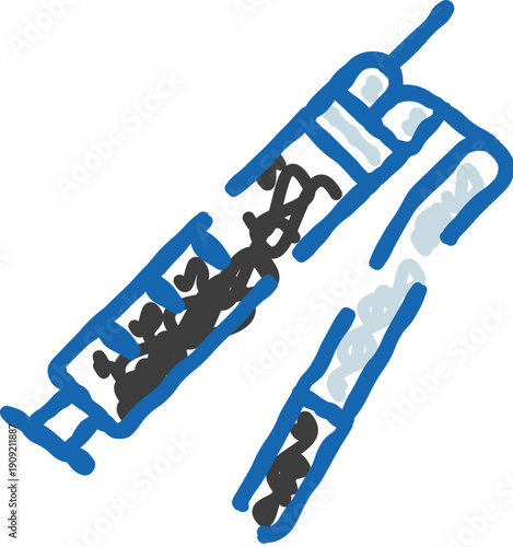 Syringe in doodle style injecting solution into a vein, illustrating medical healthcare concepts of treatment, vaccination, and drug delivery for health and wellness