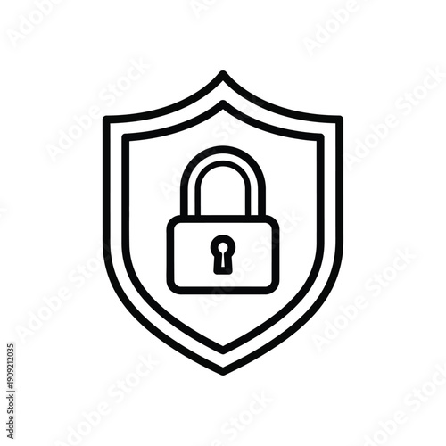 Shield with Padlock Security and Privacy Protection Icon in Black and White Line Style