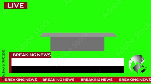 Empty news studio with green screen and desk. Modern futuristic news desk. Modern news live streaming TV broadcast backdrop. Looping 4K video animation.