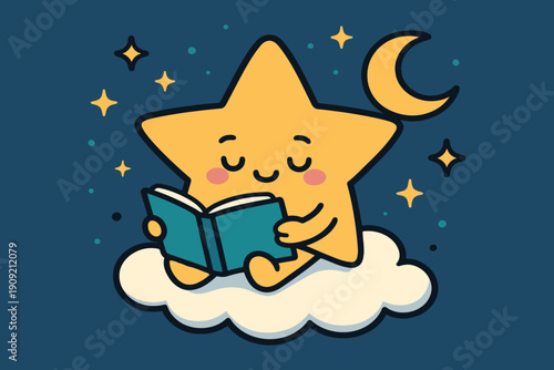 A cheerful star character reading a book under a moonlit sky with floating clouds and stars