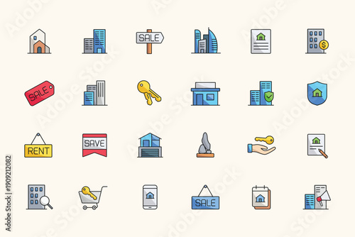 Real estate and property icons set simple flat colorful style. Property business, housing, real estate agent symbol icon sign collection
