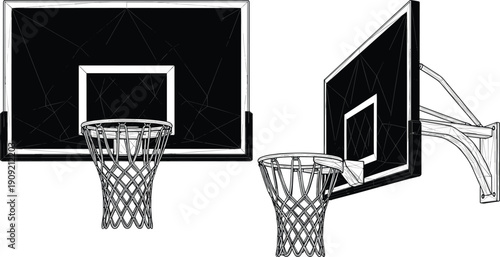 Basketball hoop backboard illustration set, two views front angled side nets square target support structure design, vector artwork, sports and recreation theme, isolated background