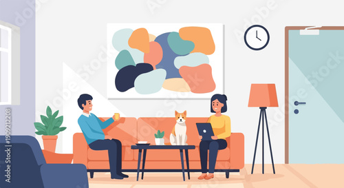 A couple relaxes at home with their dog, enjoying coffee and digital devices