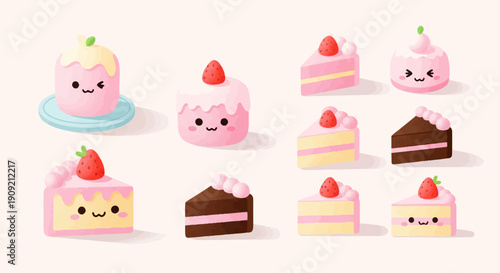 A collection of adorable kawaii-style cakes, featuring cute faces and strawberry toppings