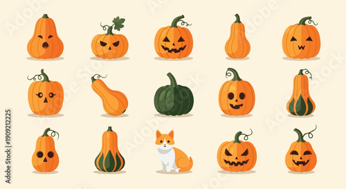 A collection of animated, pixelated pumpkins with various carved faces and a cat