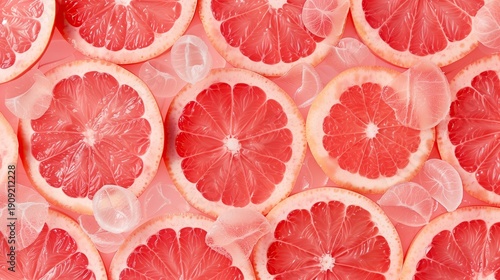 Close up citrus texture of pink grapefruit slices placed on ice cubes, creating a clean and refreshing background for drink and wellness themes.